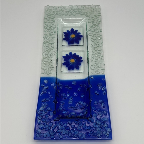 Other - Fused Glass Art Tray Serving Platter with Pebble Finish and Blue Daisy Design
